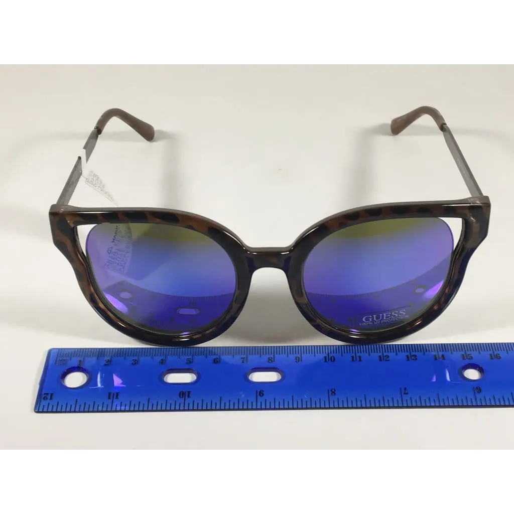 Guess Round Cat Eye Sunglasses Tortoise Gunmetal Blue Violet Mirror Lens GF0323 53X