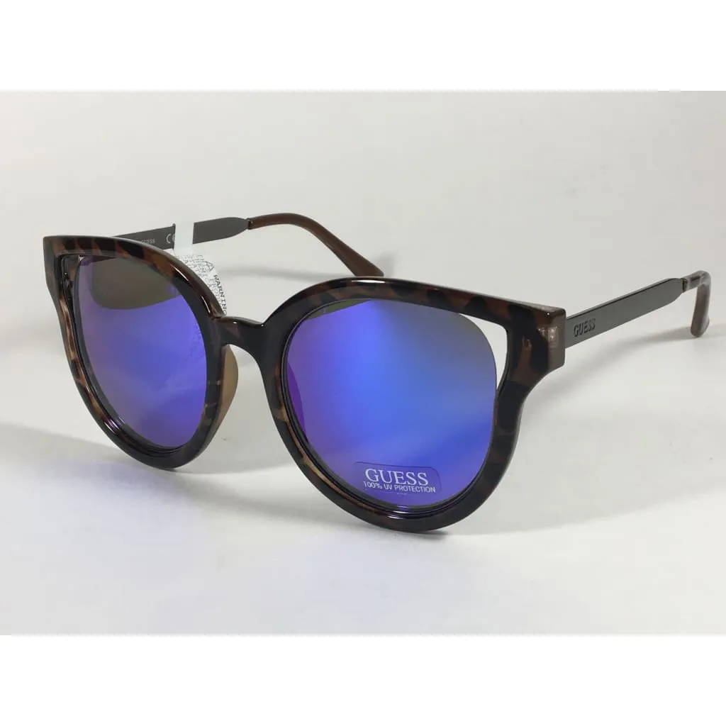 Guess Round Cat Eye Sunglasses Tortoise Gunmetal Blue Violet Mirror Lens GF0323 53X