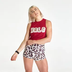 Halo Leopard Crop Muscle Tank in Crimson