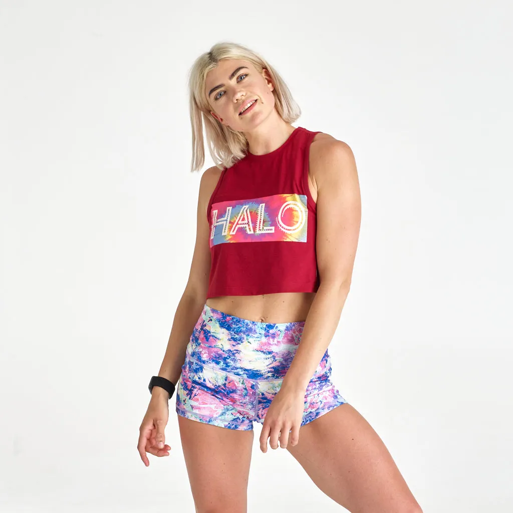 Halo Tie Dye Crop Muscle Tank in Crimson