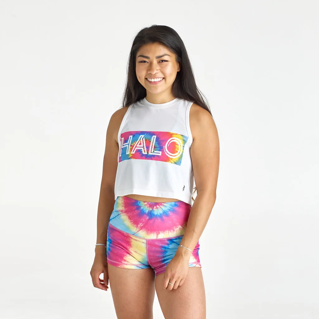 Halo Tie Dye Crop Muscle Tank in White