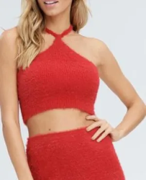 Halter Fuzzy Sweater Crop Top