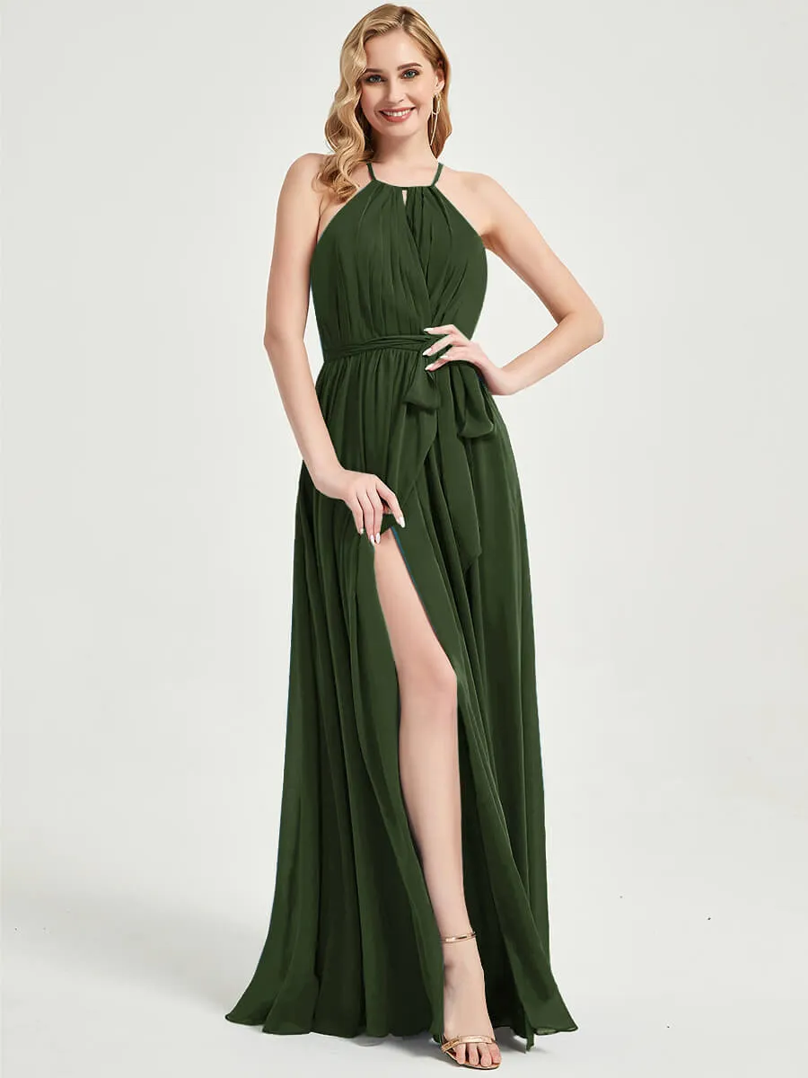 Halter Neck Slit Wrap Olive Chiffon Bridesmaid Dress Floor Length