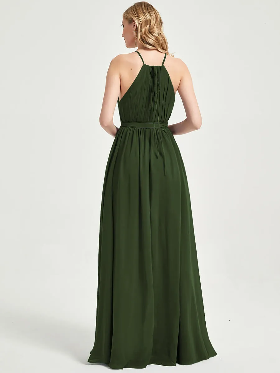 Halter Neck Slit Wrap Olive Chiffon Bridesmaid Dress Floor Length