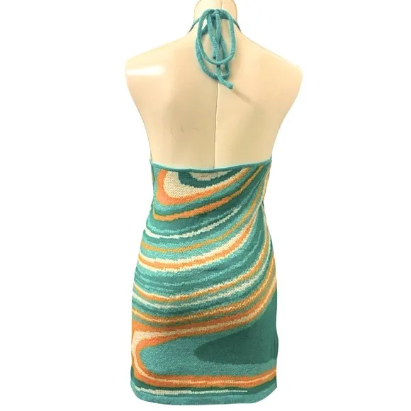 Halter top sweater minidress 60s retro aqua swirl knit, sizes S, M NWT