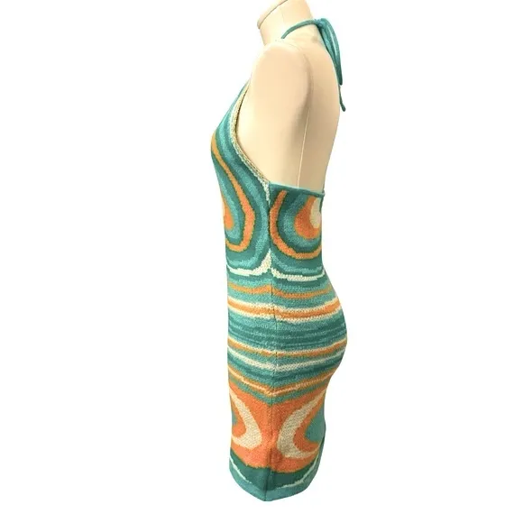 Halter top sweater minidress 60s retro aqua swirl knit, sizes S, M NWT