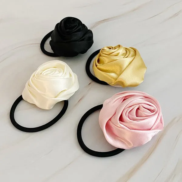 Hand Picked Satin Rose Hair Tie Set – 4 Pack of Elegant Neutral Hair Accessories