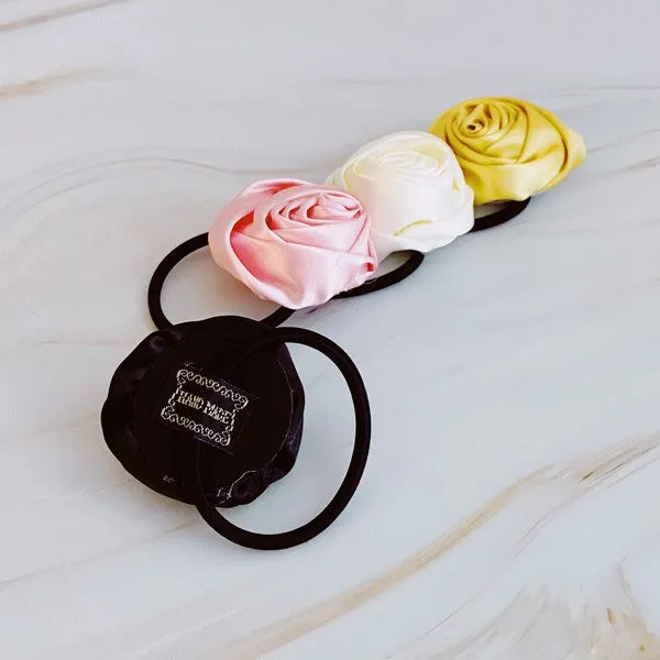 Hand Picked Satin Rose Hair Tie Set – 4 Pack of Elegant Neutral Hair Accessories