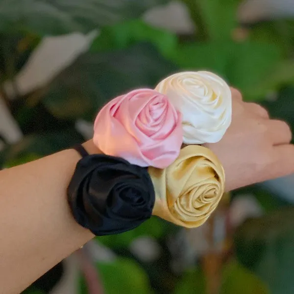 Hand Picked Satin Rose Hair Tie Set – 4 Pack of Elegant Neutral Hair Accessories