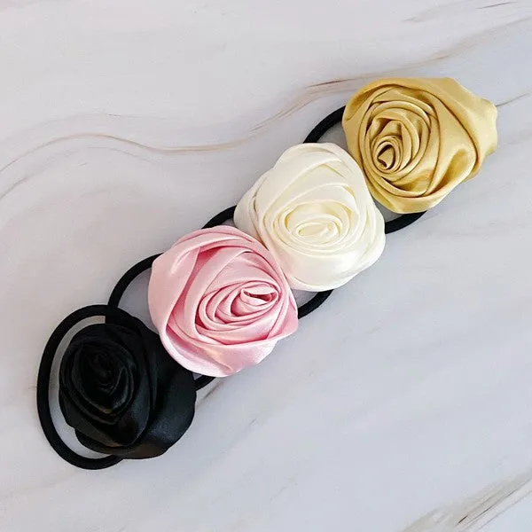 Hand Picked Satin Rose Hair Tie Set – 4 Pack of Elegant Neutral Hair Accessories