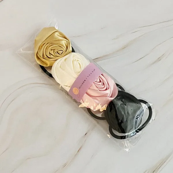 Hand Picked Satin Rose Hair Tie Set – 4 Pack of Elegant Neutral Hair Accessories