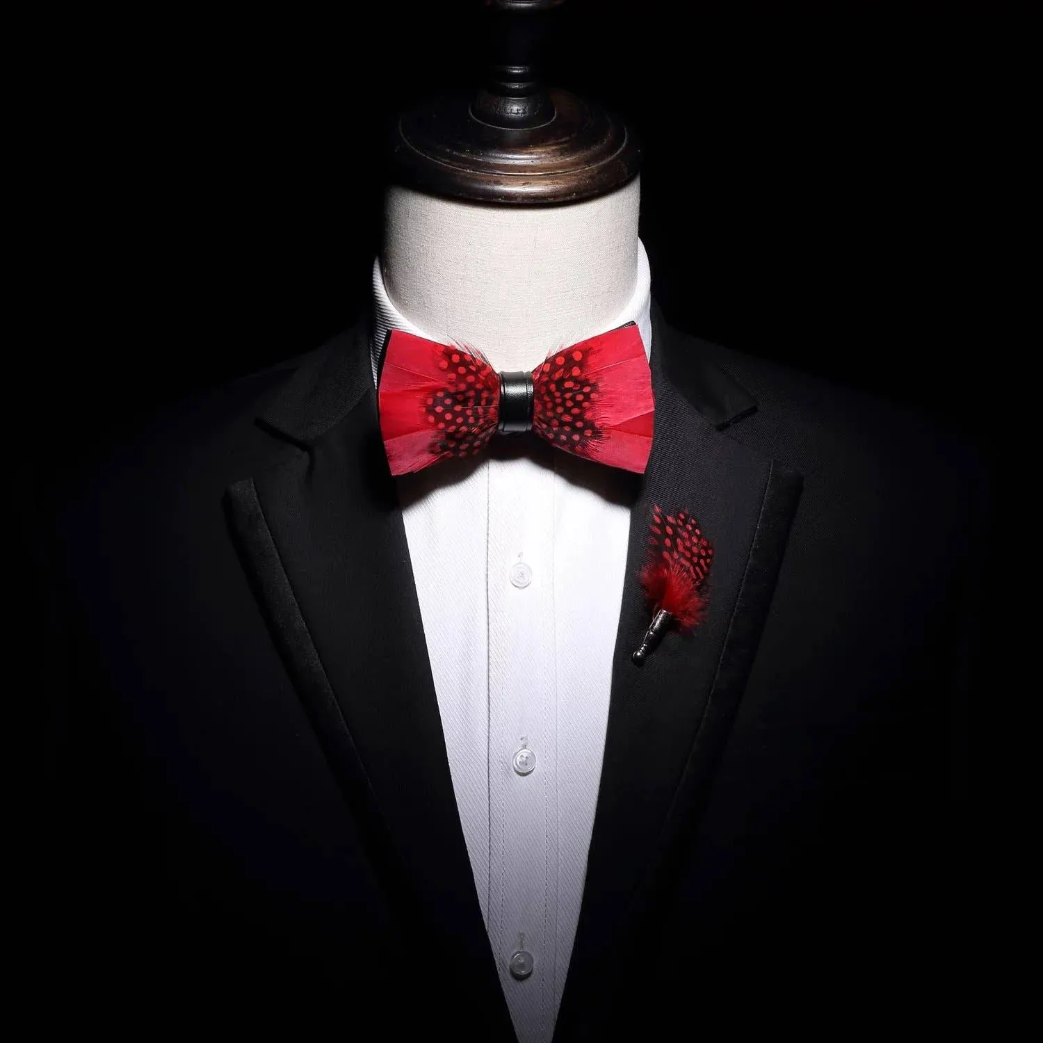 Handmade Red Polka Dot Feather Bow Tie W/free Lapel Pin Set