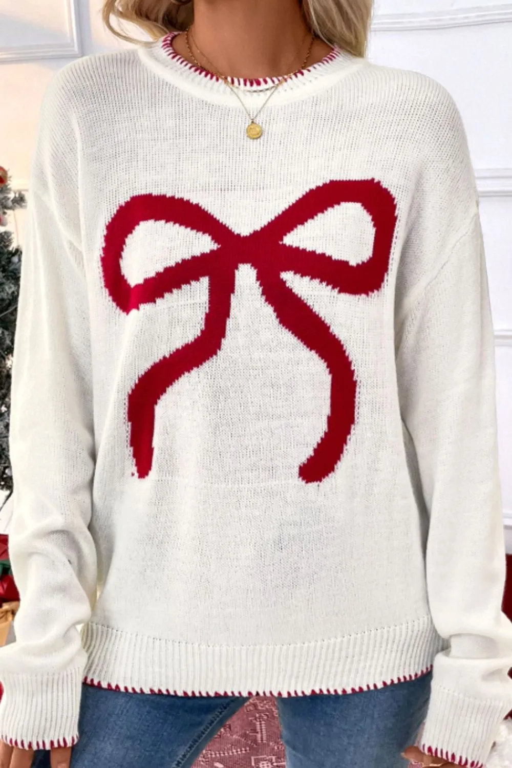 Hazel Blues® |  Bow Round Neck Drop Shoulder Sweater
