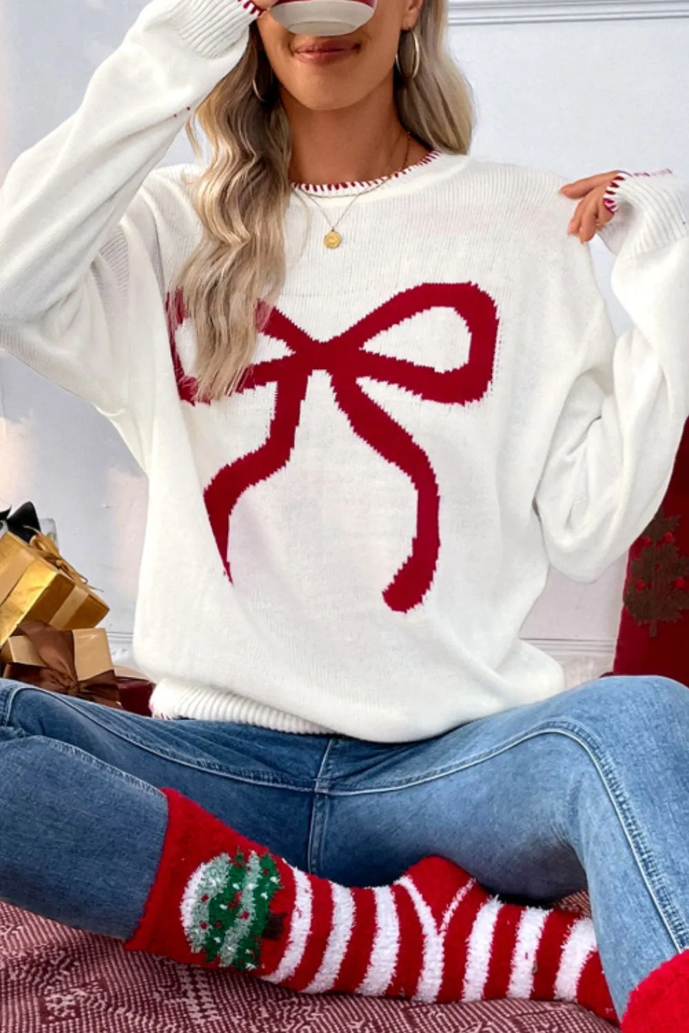 Hazel Blues® |  Bow Round Neck Drop Shoulder Sweater