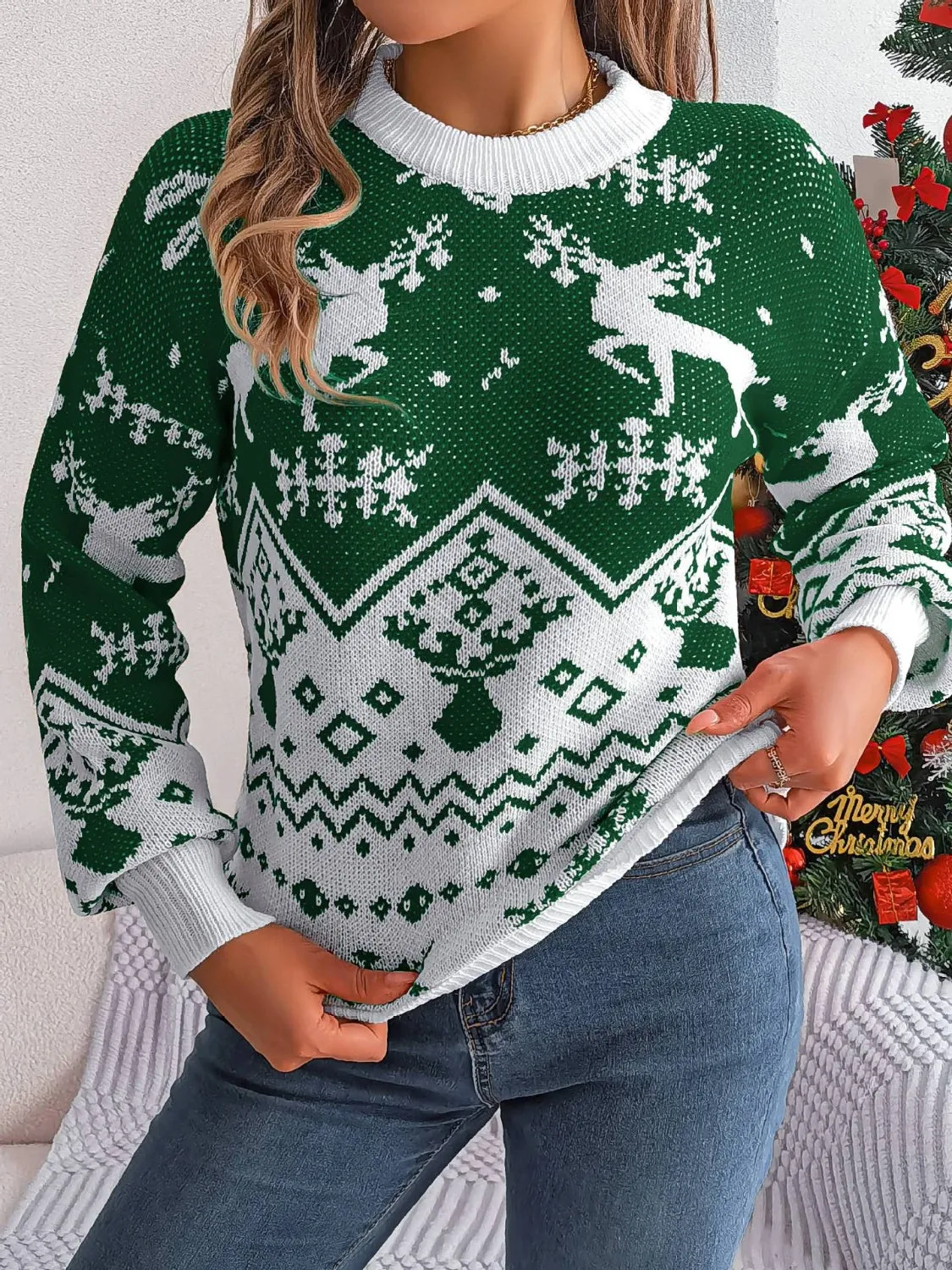 Hazel Blues® |  Christmas Element Round Neck Long Sleeve Sweater