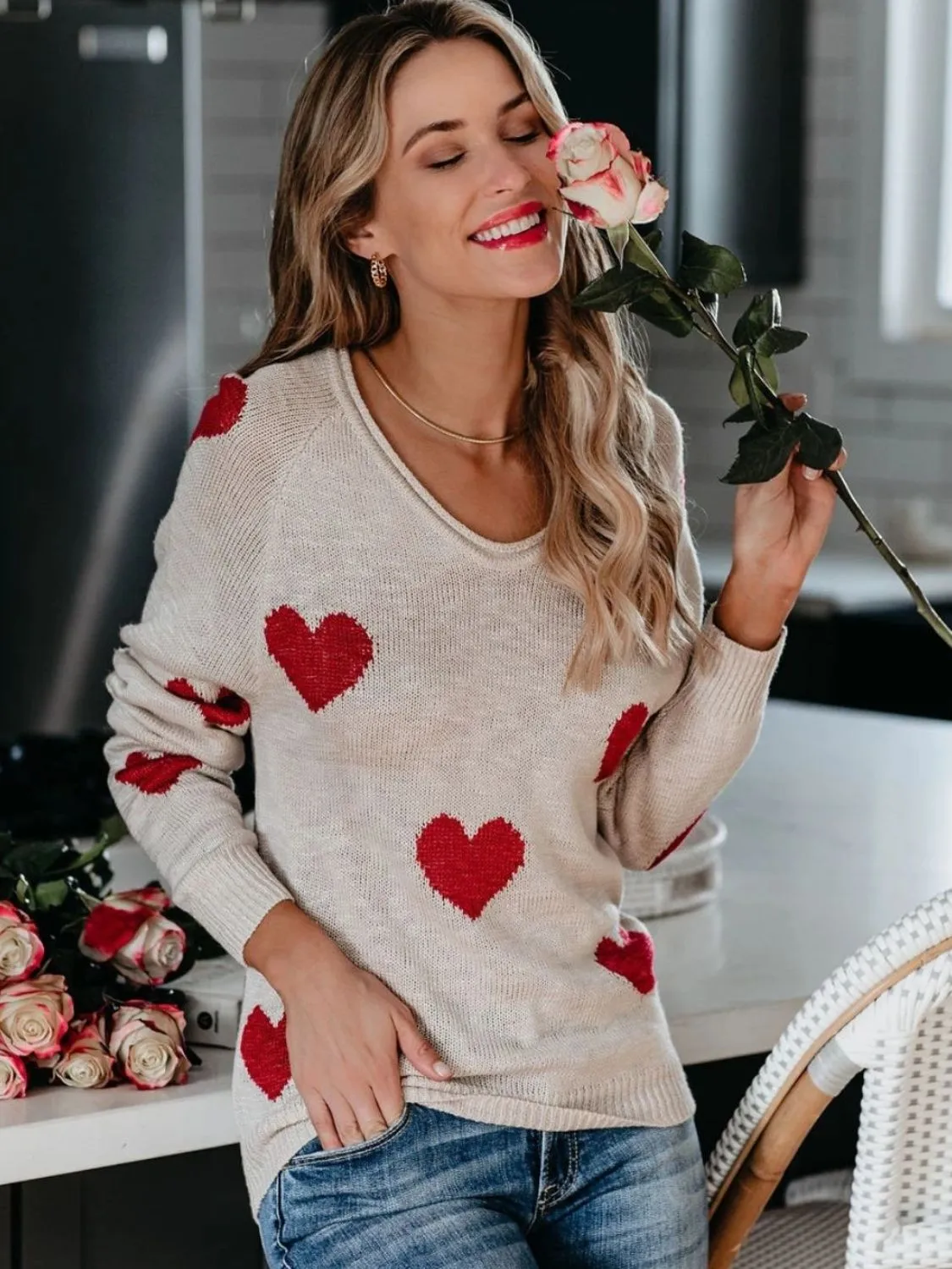 Hazel Blues® |  Heart Scoop Neck Long Sleeve Sweater