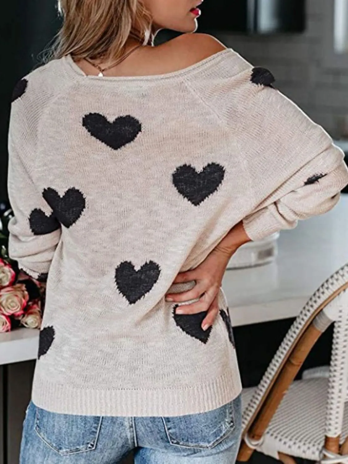 Hazel Blues® |  Heart Scoop Neck Long Sleeve Sweater