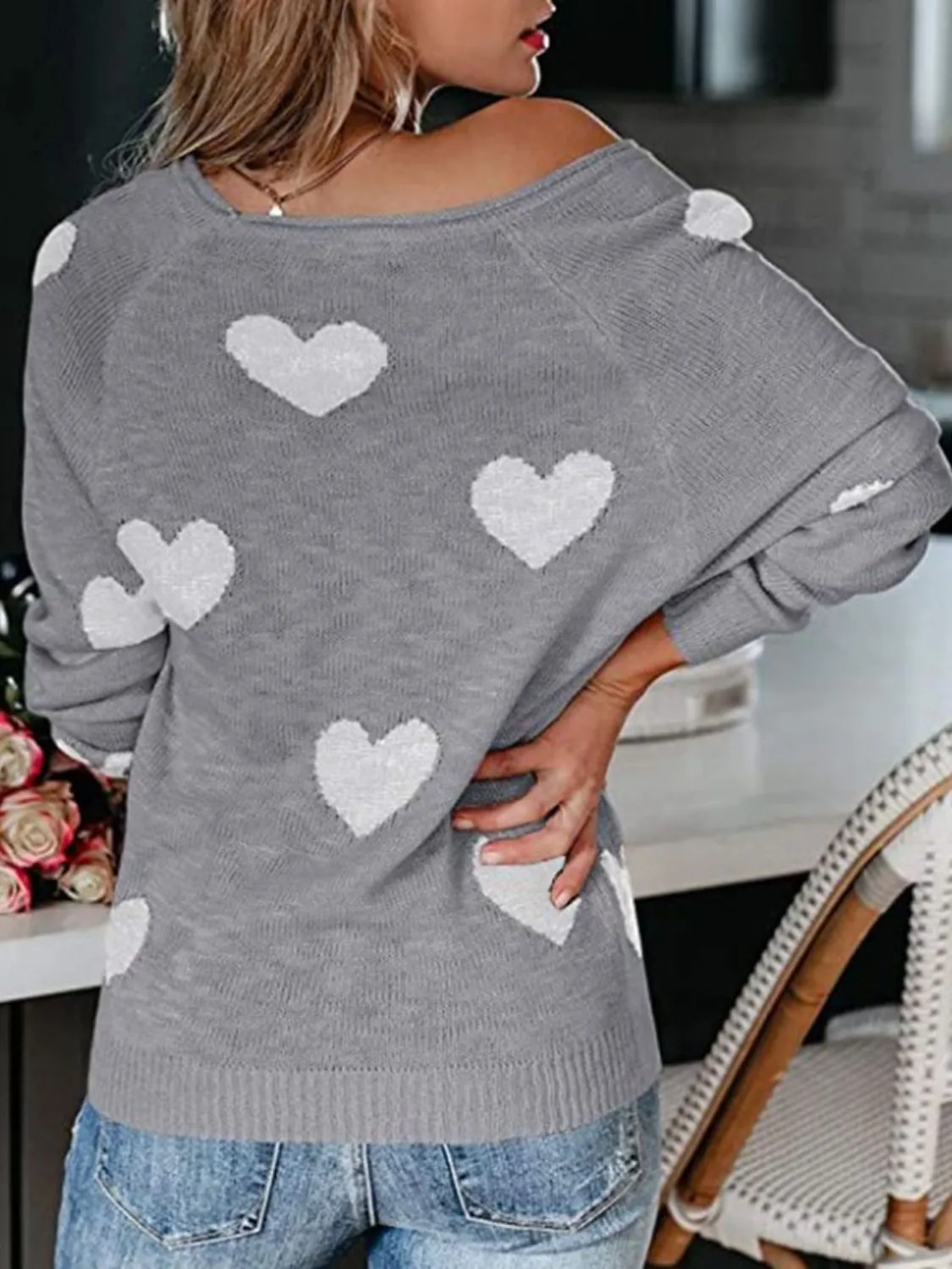 Hazel Blues® |  Heart Scoop Neck Long Sleeve Sweater