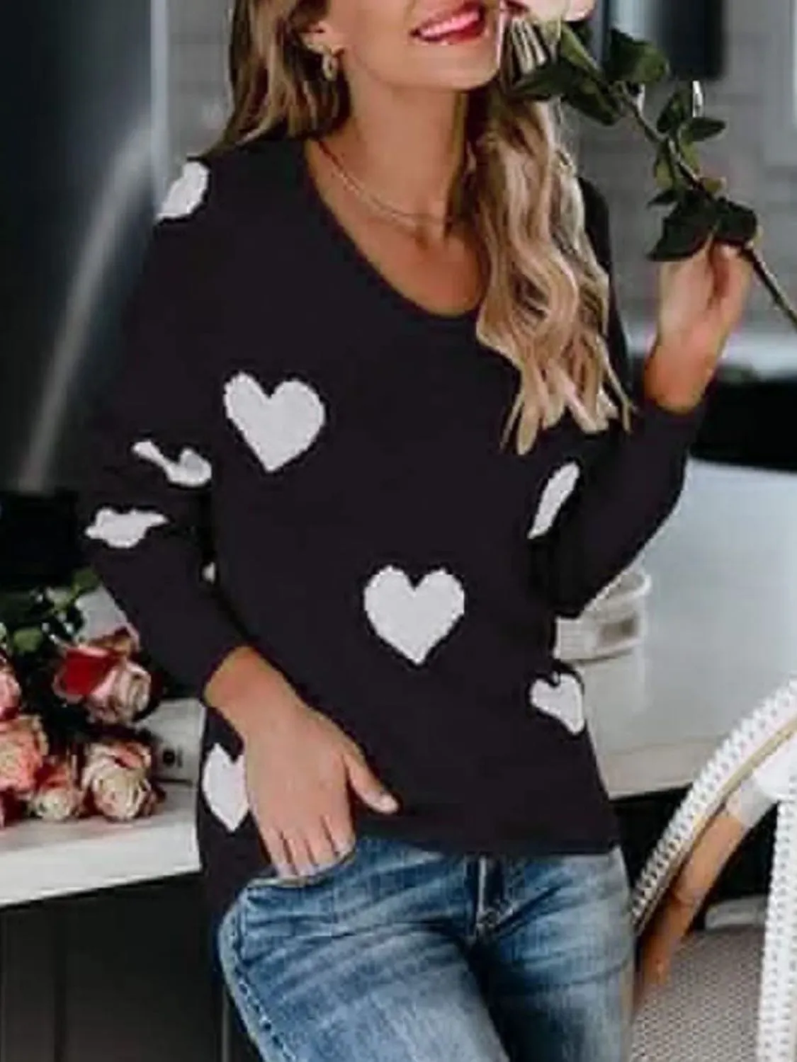 Hazel Blues® |  Heart Scoop Neck Long Sleeve Sweater