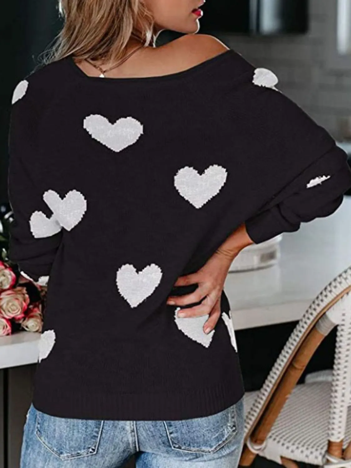 Hazel Blues® |  Heart Scoop Neck Long Sleeve Sweater