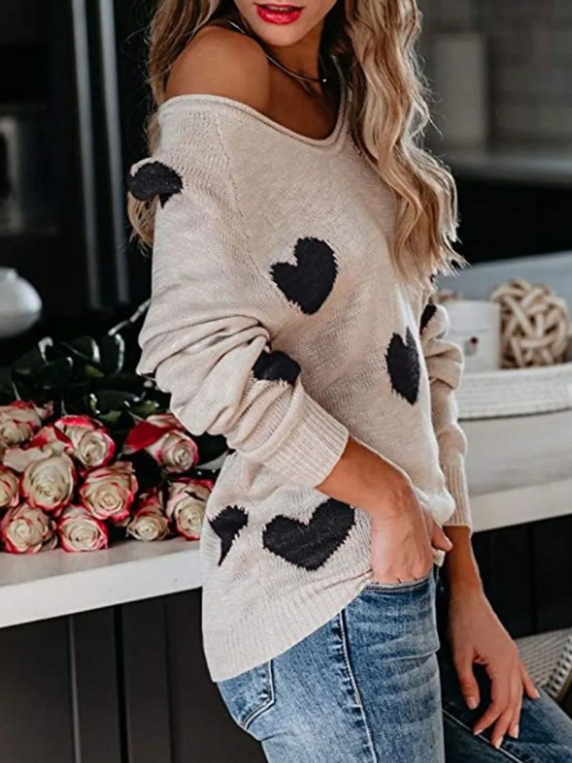 Hazel Blues® |  Heart Scoop Neck Long Sleeve Sweater