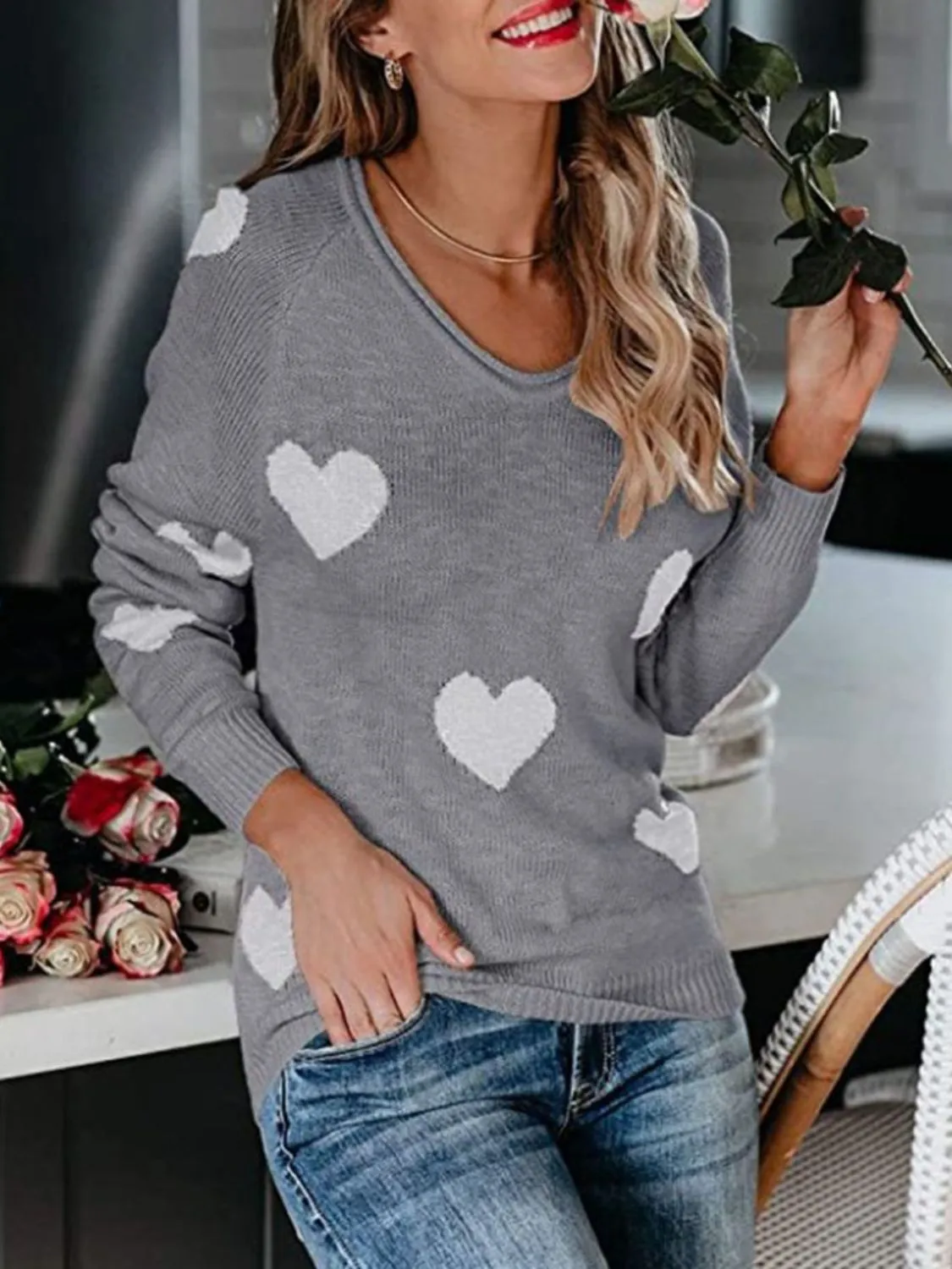 Hazel Blues® |  Heart Scoop Neck Long Sleeve Sweater