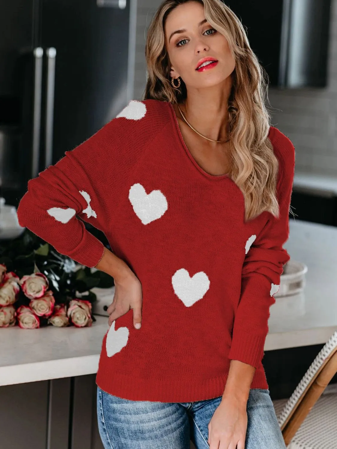 Hazel Blues® |  Heart Scoop Neck Long Sleeve Sweater