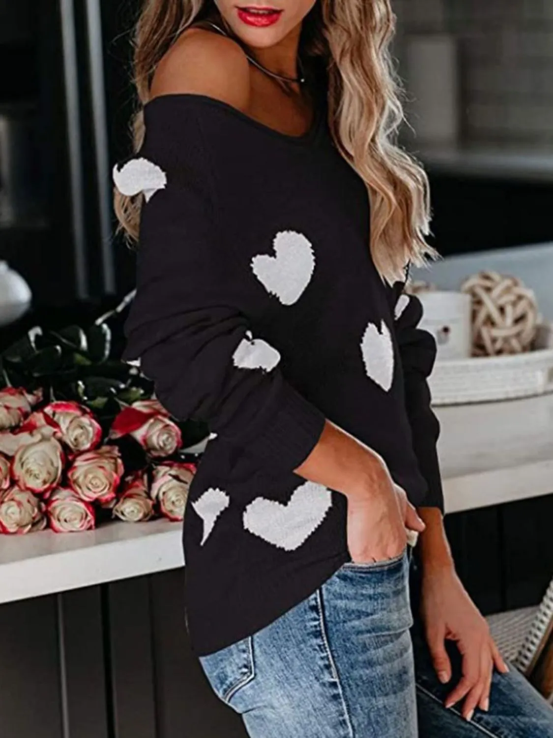 Hazel Blues® |  Heart Scoop Neck Long Sleeve Sweater