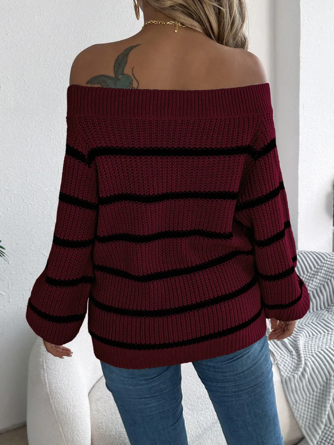 Hazel Blues® |  Striped Off-Shoulder Long Sleeve Sweater