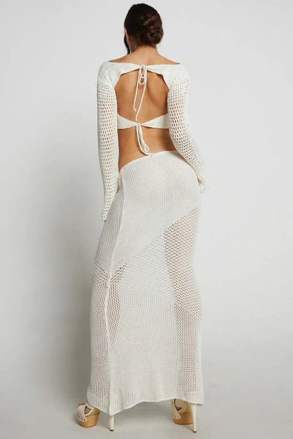 HOLLOW OUT KNIT CROP TOP MAXI SKIRT TWO PIECE SET