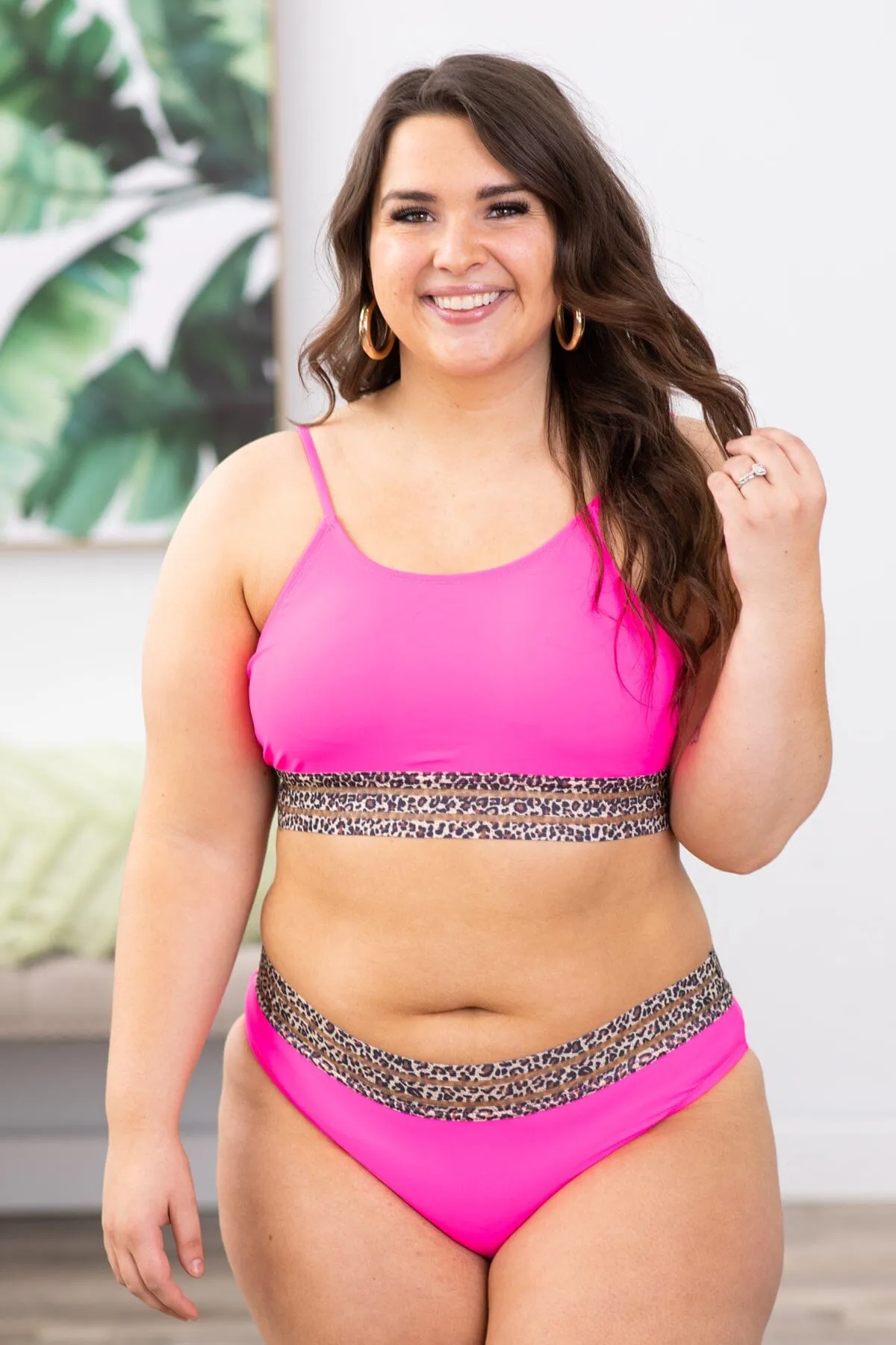 Hot Pink Animal Print Trim Two Piece Swimsuit