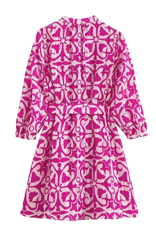 Hot Pink Long Sleeve Belted Mini Dress