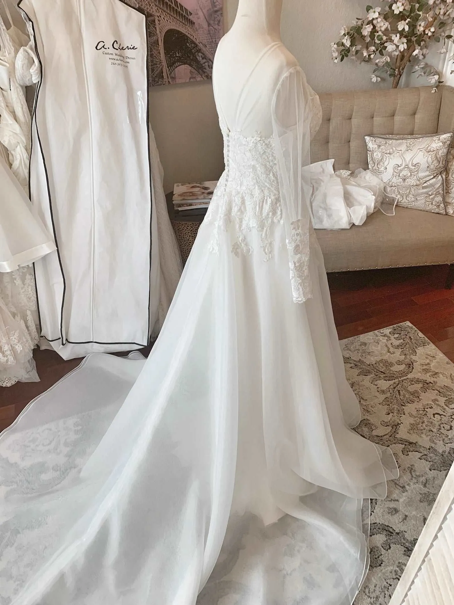 Illusion Neckline Pleated Back A-Line Wedding Dress | Diana