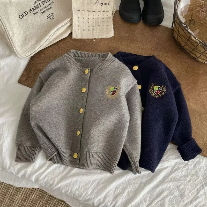 Internet celebrity children's sweater cardigan new boys and girls college style knitted top embroidered solid color versatile coat