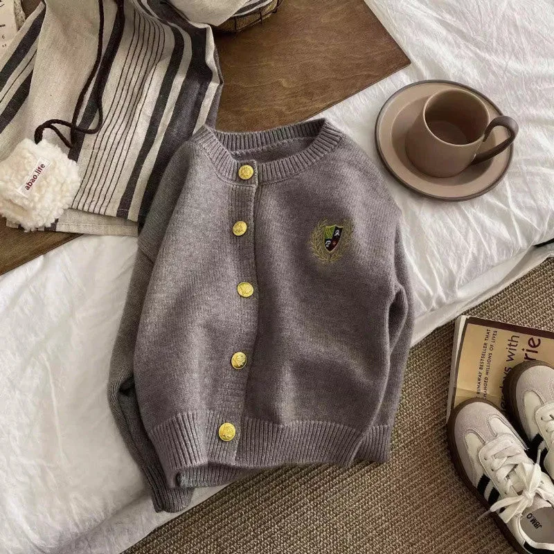 Internet celebrity children's sweater cardigan new boys and girls college style knitted top embroidered solid color versatile coat