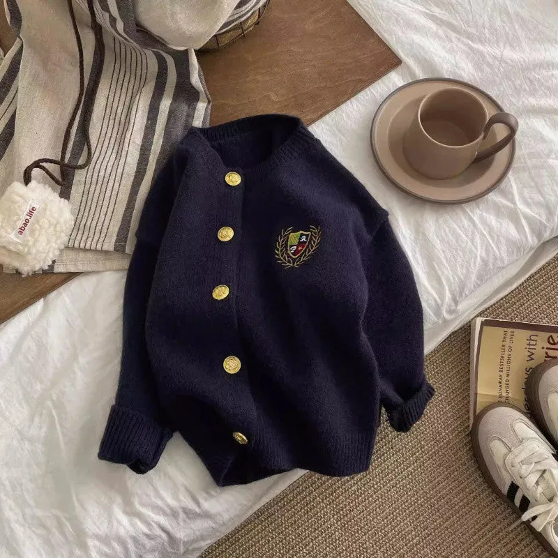 Internet celebrity children's sweater cardigan new boys and girls college style knitted top embroidered solid color versatile coat