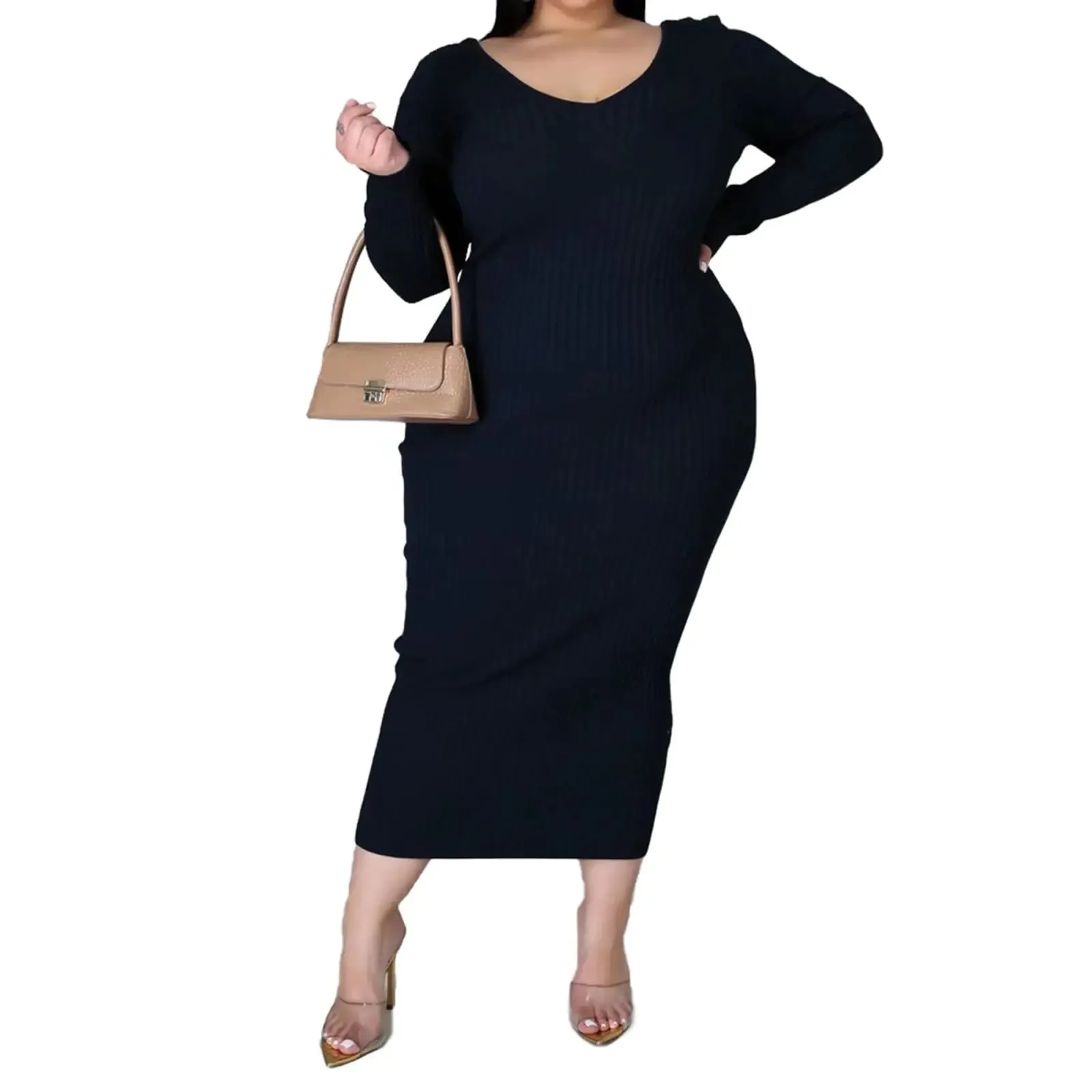 IyMoo Womens Plus Size Sexy Off Shoulder Long Sleeve Bodycon Rib Knit Sweater Maxi Dress Navy Blue 2XL