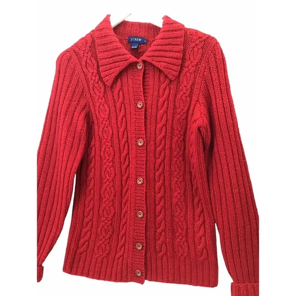 J Crew 100% Wool Cardigan Women's Size Small Chunky Cable Knit Red