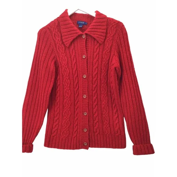 J Crew 100% Wool Cardigan Women's Size Small Chunky Cable Knit Red