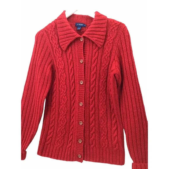 J Crew 100% Wool Cardigan Women's Size Small Chunky Cable Knit Red