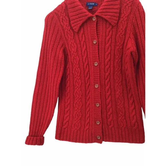 J Crew 100% Wool Cardigan Women's Size Small Chunky Cable Knit Red