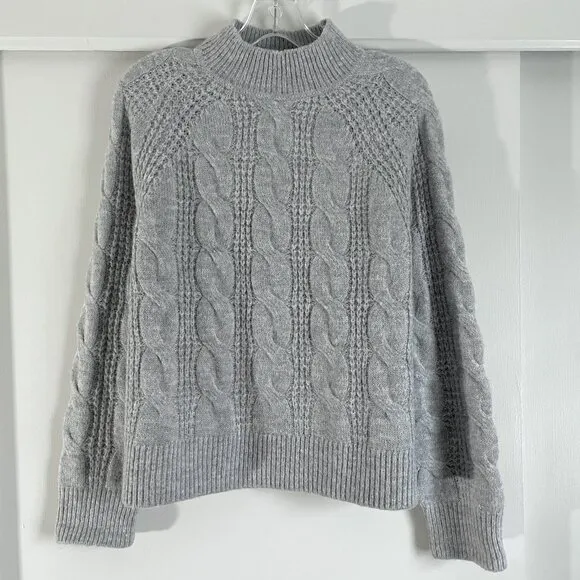 J. Crew Womens Cable Knit Sweater Mock Neck Size M Gray Wool Blend
