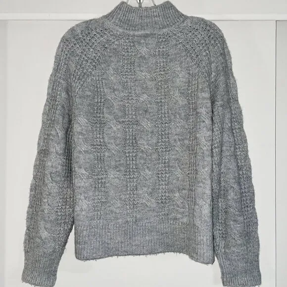 J. Crew Womens Cable Knit Sweater Mock Neck Size M Gray Wool Blend