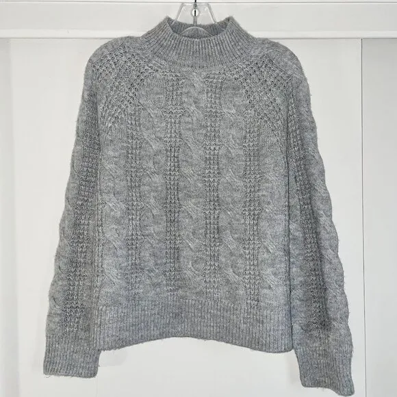 J. Crew Womens Cable Knit Sweater Mock Neck Size M Gray Wool Blend