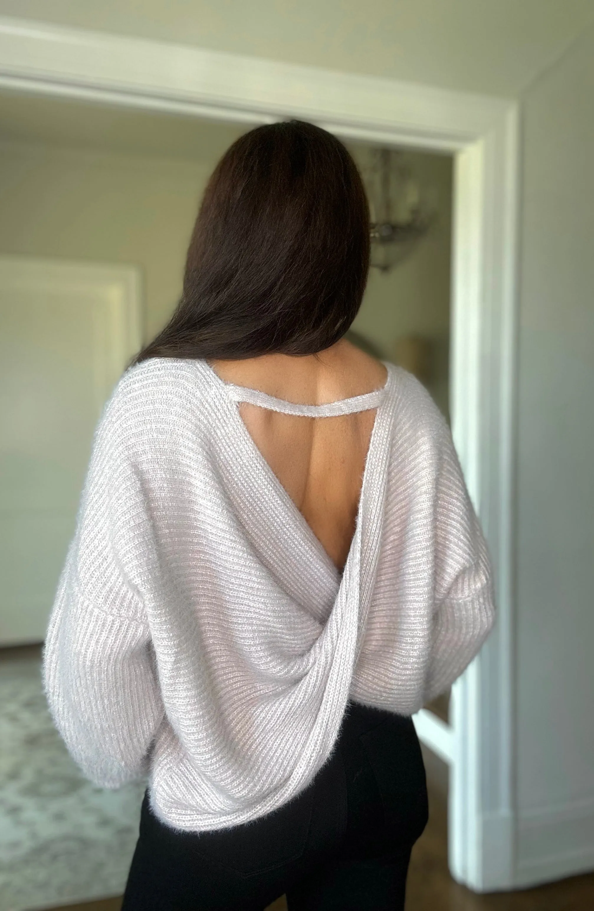 Jupiter light violet fuzzy knit twist back sweater