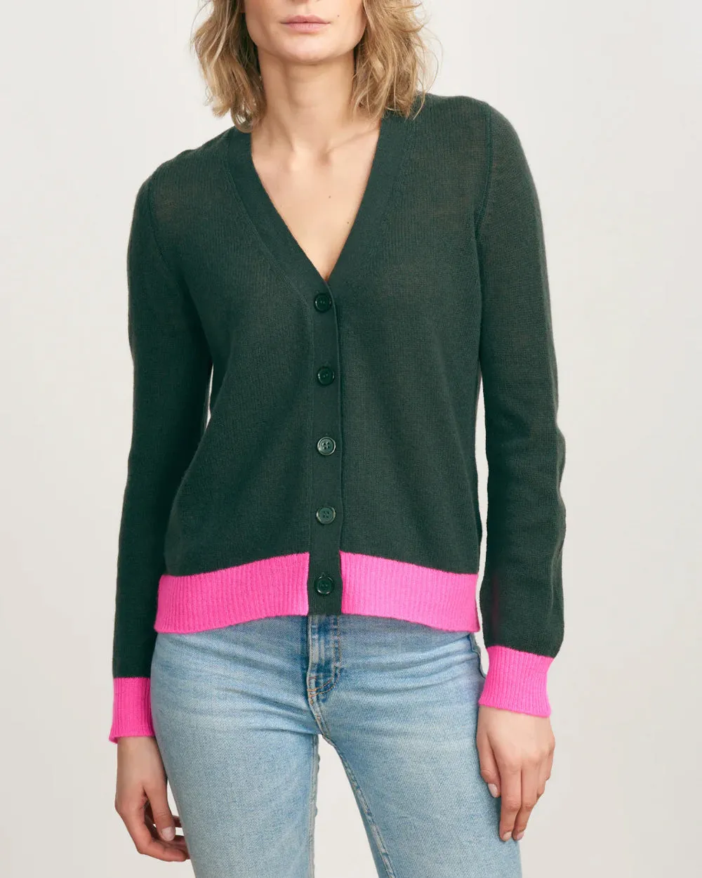 Khaki and Hot Pink Contrast Cardigan