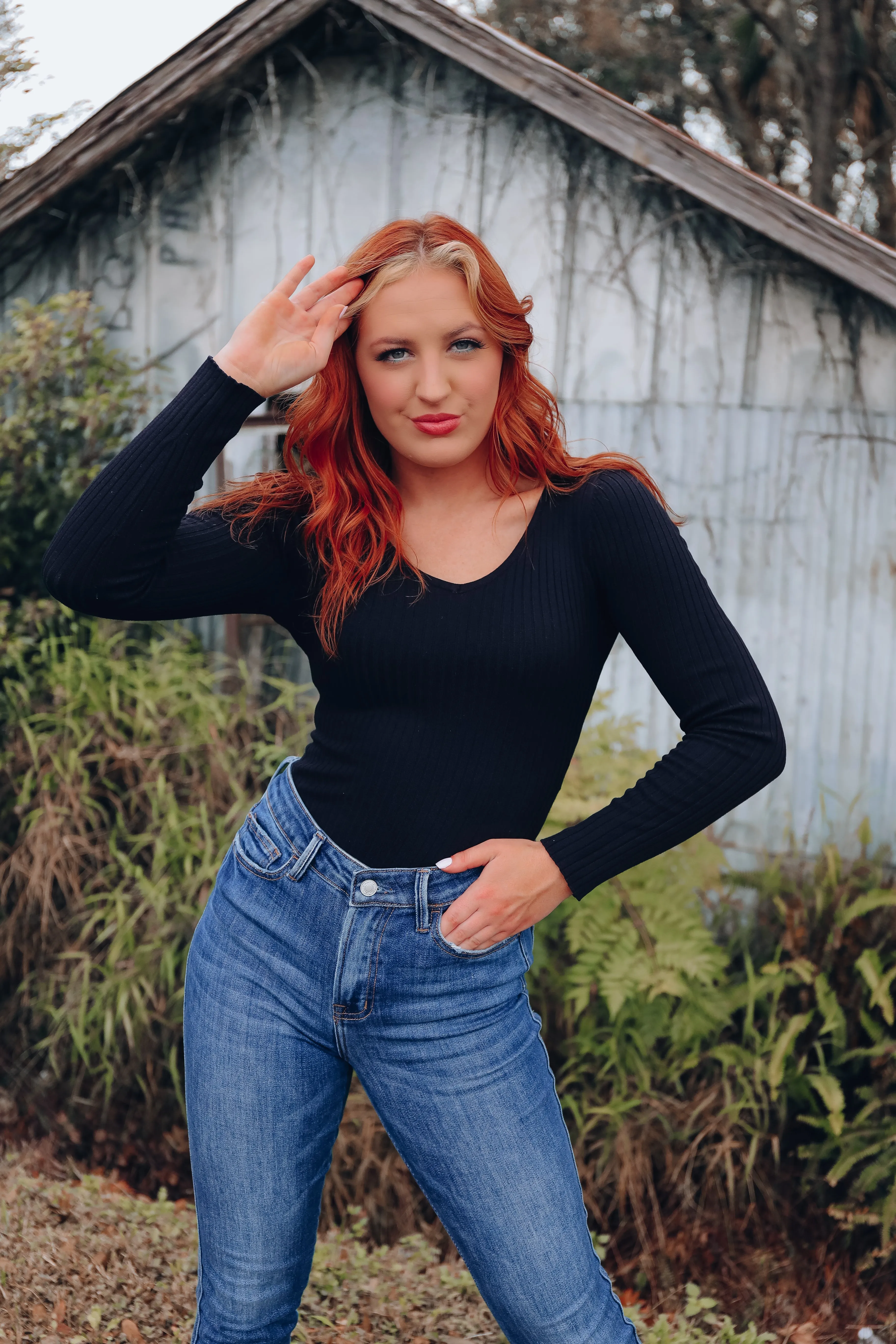 Kiersten V-Neck Knit Bodysuit - Black
