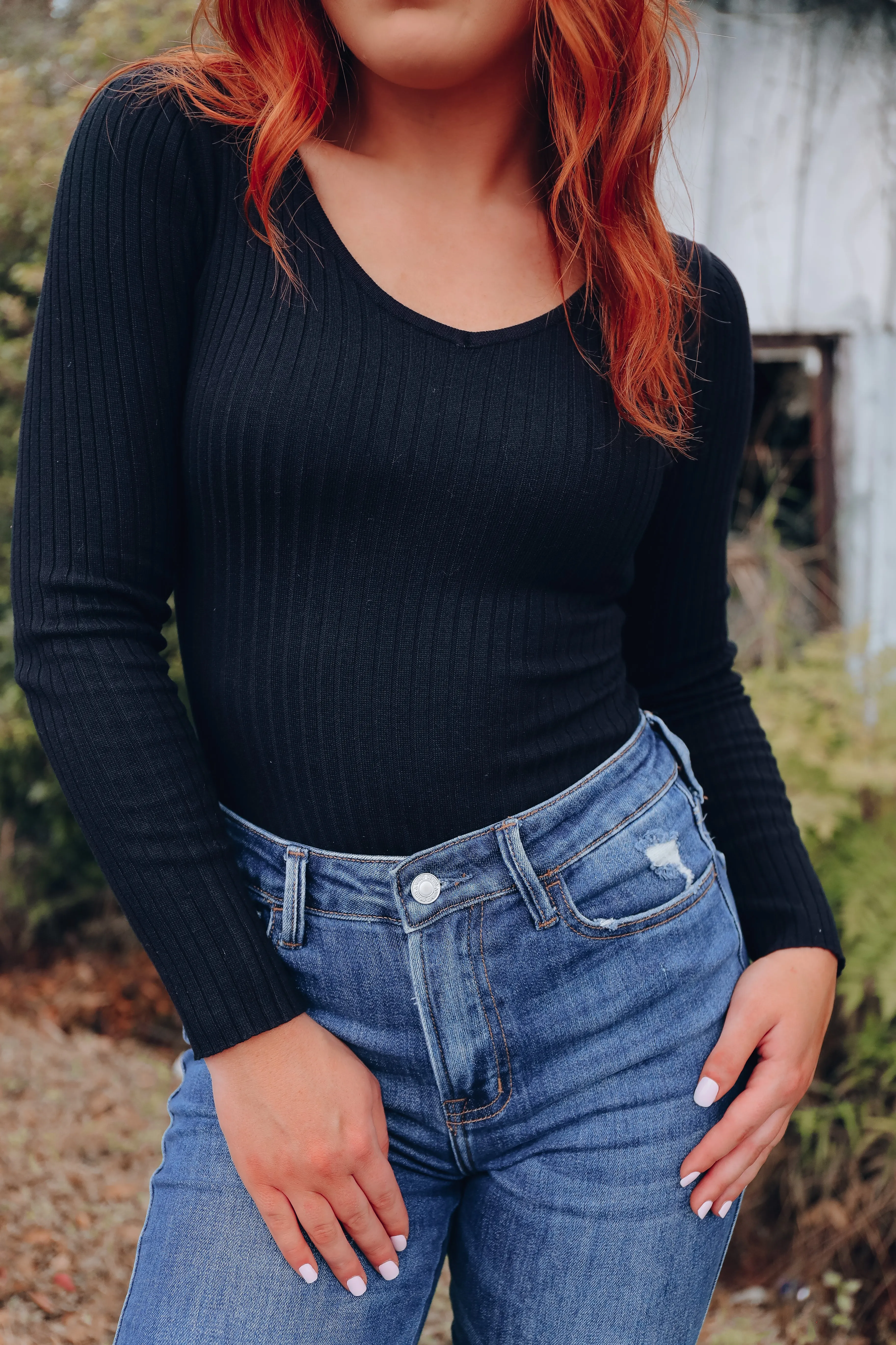 Kiersten V-Neck Knit Bodysuit - Black