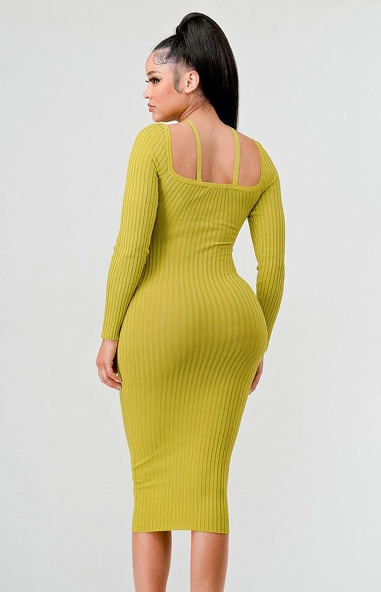 Knit Long sleeve Bodycon Midi Dress - Citron