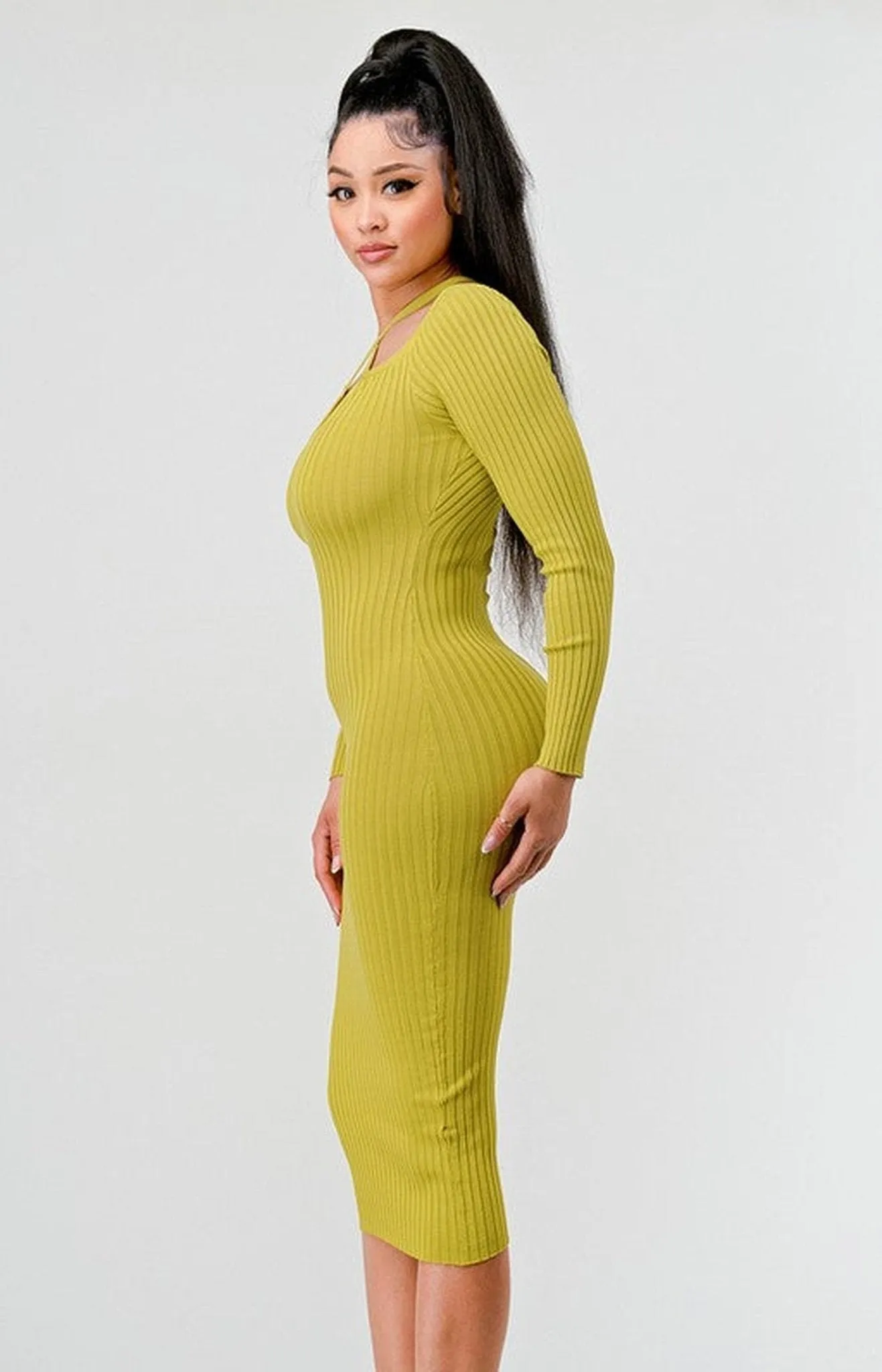 Knit Long sleeve Bodycon Midi Dress - Citron